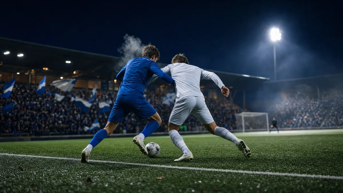 Fotballspillere i nærkamp om ballen under flomlys på en kald kveld i en norsk toppkamp