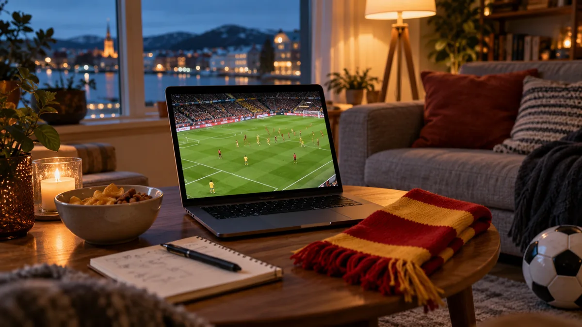 En bærbar PC viser en fotballkamp på et stuebord med et rødt og gult skjerf, en notatbok, snacks, stearinlys og en fotball i en varm stue om kvelden.